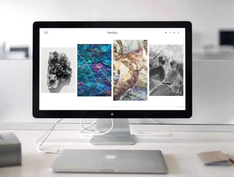 Czarny monitor firmy Apple do którego podłączony jest laptop MacBook. Na ekranie monitora włączona jest strona internetowa przedstawiająca artystyczne fotografie natury.